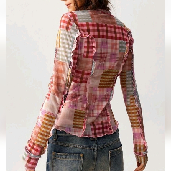 NWT Boho Asymmetrical Patchwork Plaid Mesh Top Fairy Festival Hippie Ruffle L - Picture 3 of 8